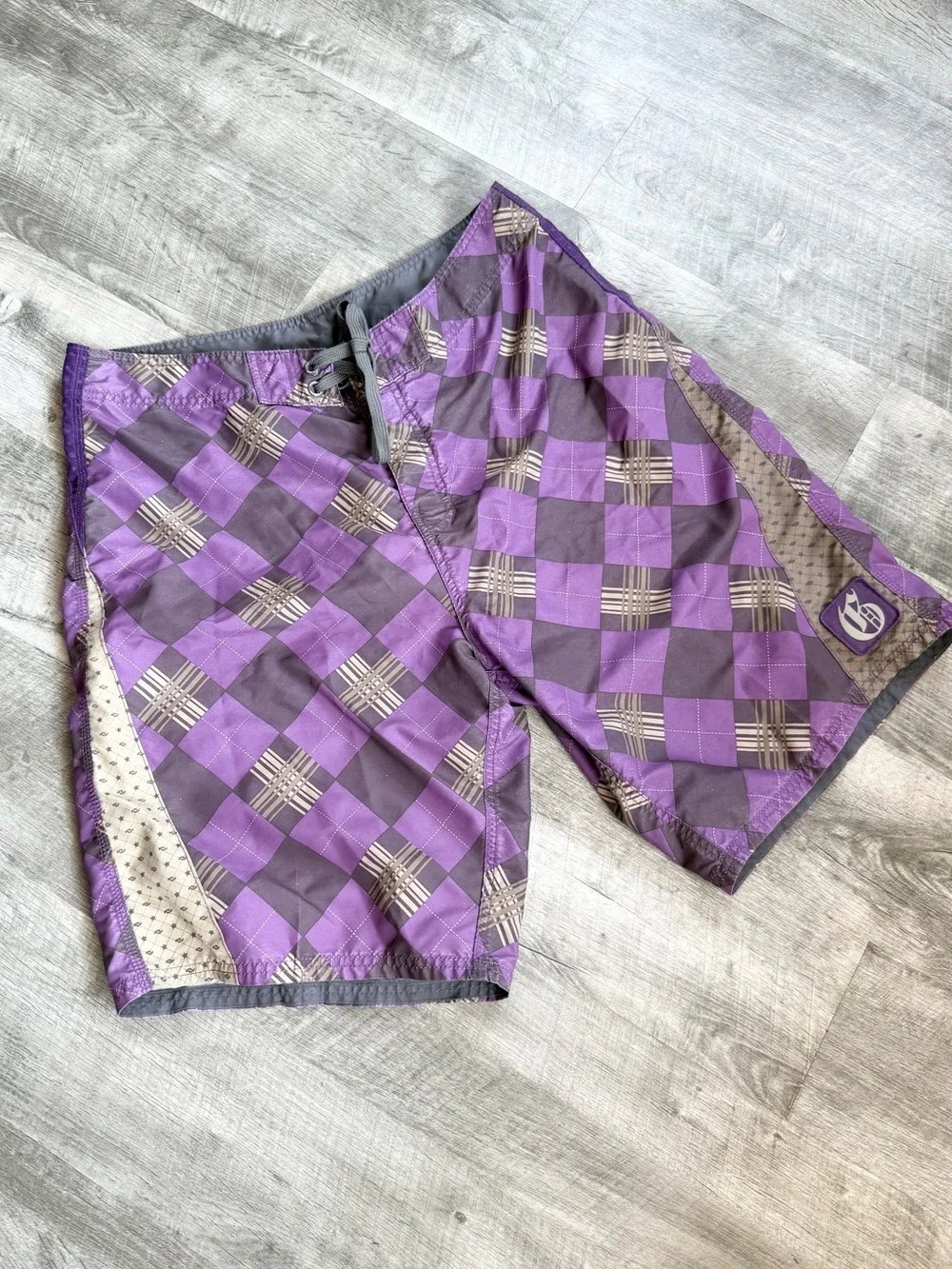 Purple Checkered Men’s Board Shorts with Side Panels